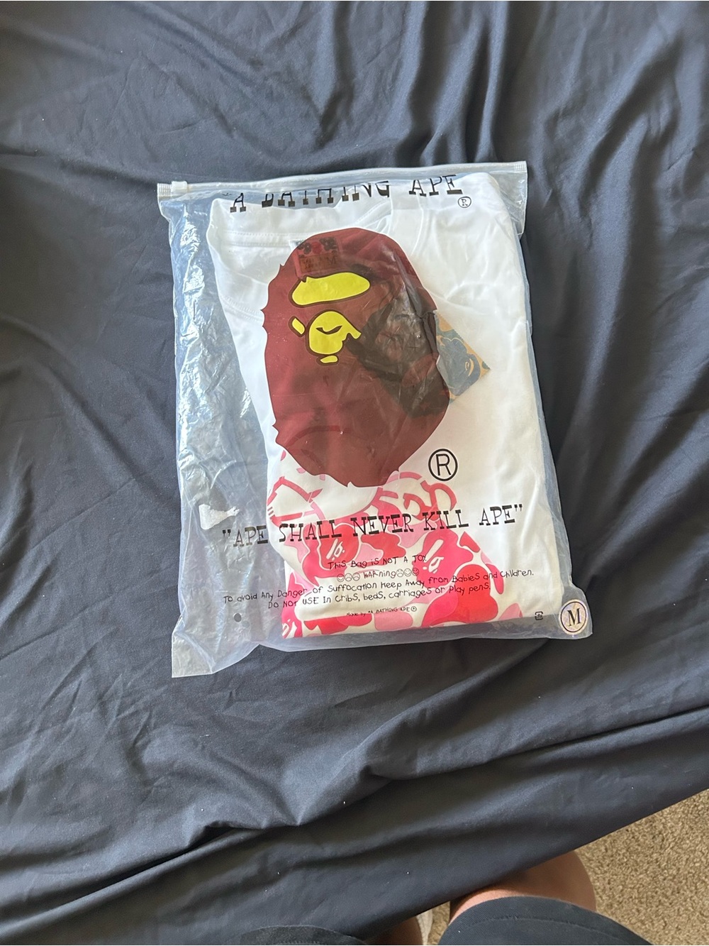 Bape White Tee with Brown & Yellow Ape Head and Pink Camo Accents